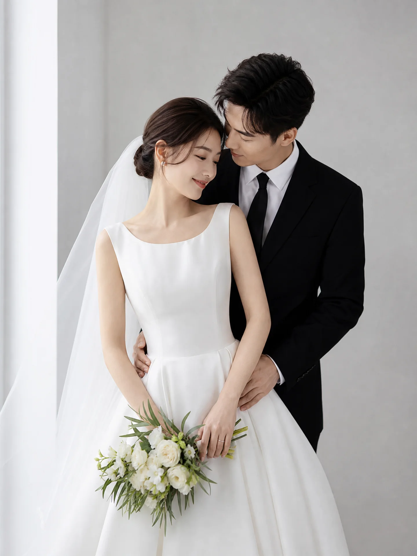 相拥而立的新人婚纱照